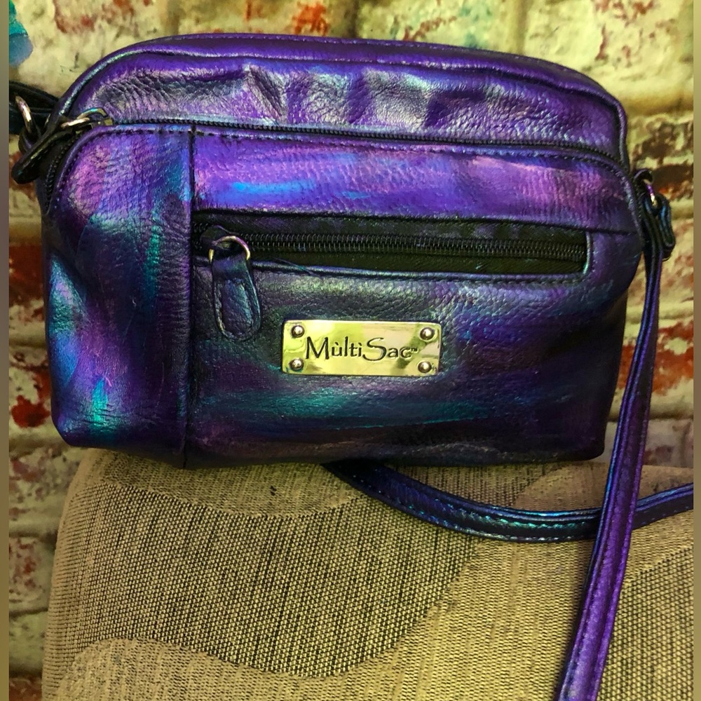 EUC Multi Sac Metallic Purple Blue Multi Colored Leather Crossbody Bag STUNNING
